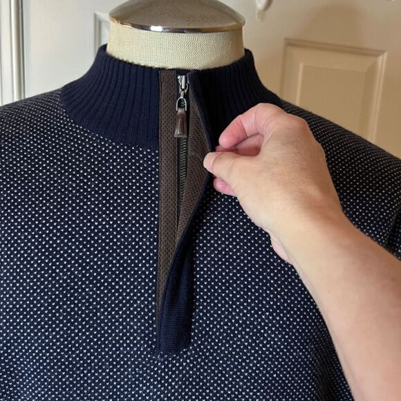 $278 NWOT‎ Men's Peter Millar Jacquard Wool Quarter Zip Sweater Navy Dot Size XL - Picture 4 of 7